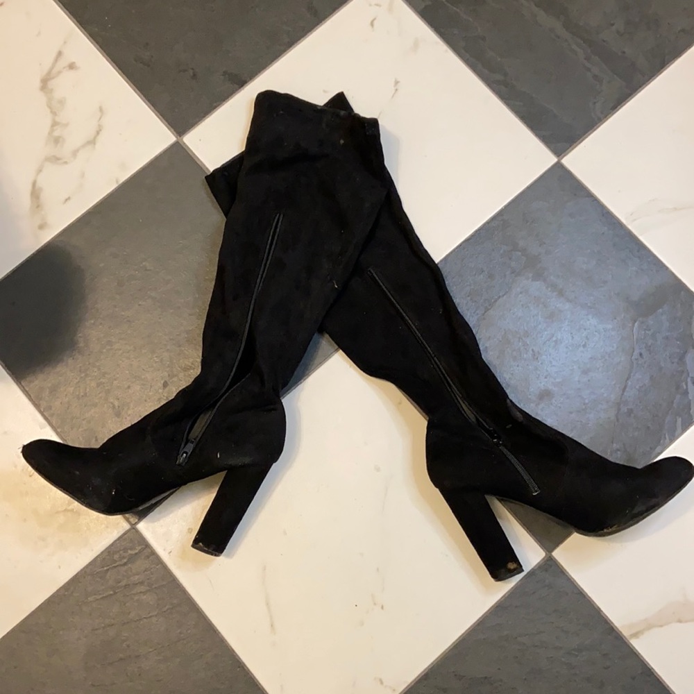 knee high suede heeled boots